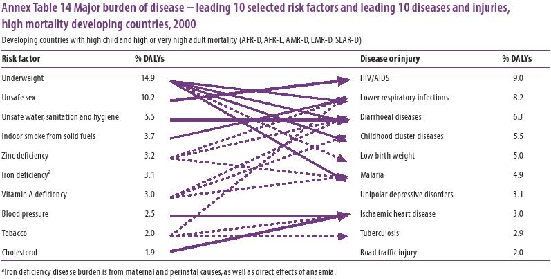 Interlinkages of leading 10 selected risk factors and leading 10 diseases and injuries, high mortality developing countries, 2000 (WHO)